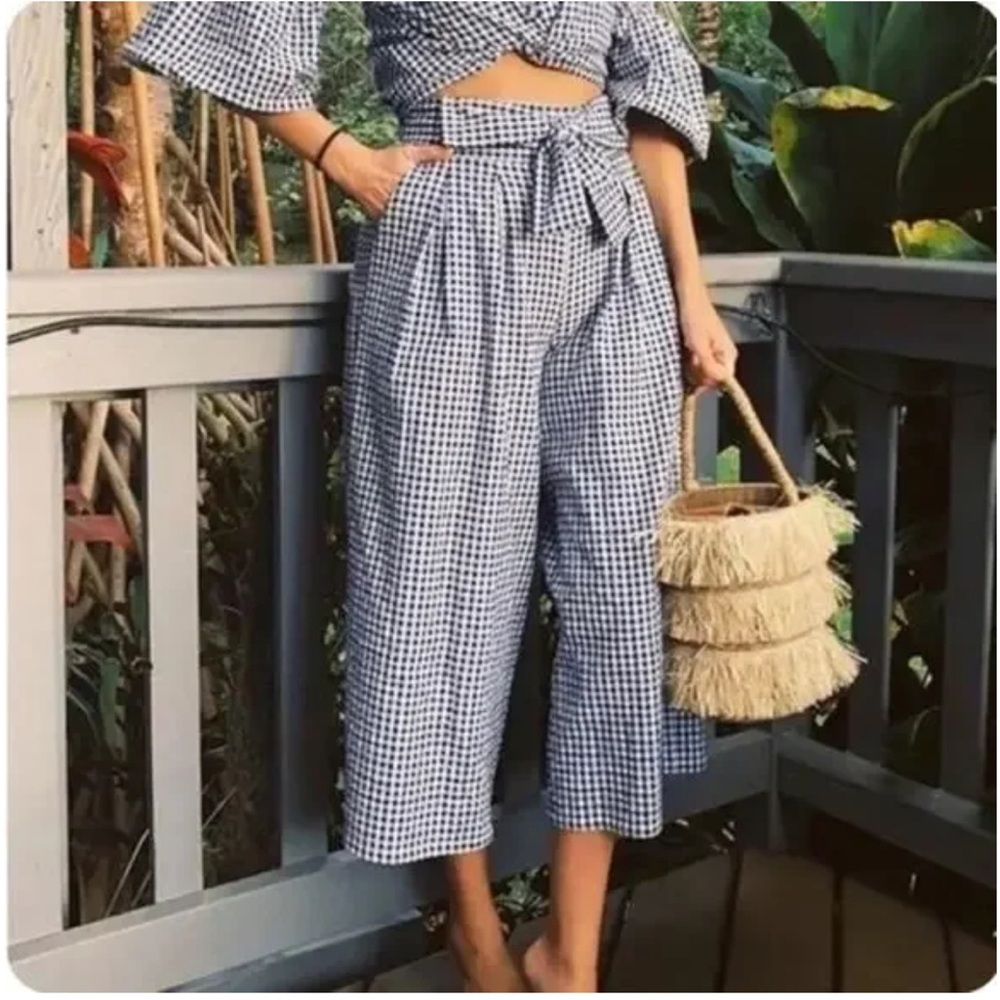 MISA Los Angelas Black, Blue, white Gingham Wide-Leg Cropped Pant